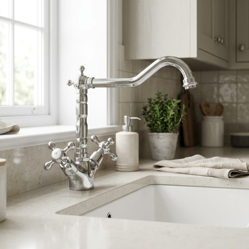 Aquanello Heritage Ascot Klassieke Keuken Nostalgische Keukenkraan Chroom met Haakse Uitloоp CR-4002-HA